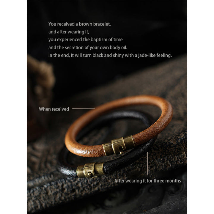 Buddha Stones Retro Leather Luck Healing Copper Magnetic Buckle Bracelet - image 14