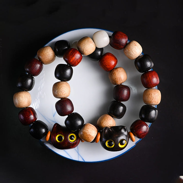 Buddha Stones Small Leaf Red Sandalwood Ebony Wood Cute Cat Engraved Protection Bracelet - image 2