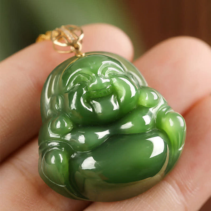925 Sterling Silver Laughing Buddha Hetian Cyan Jade 18K Gold Success Necklace Chain Pendant - image 3