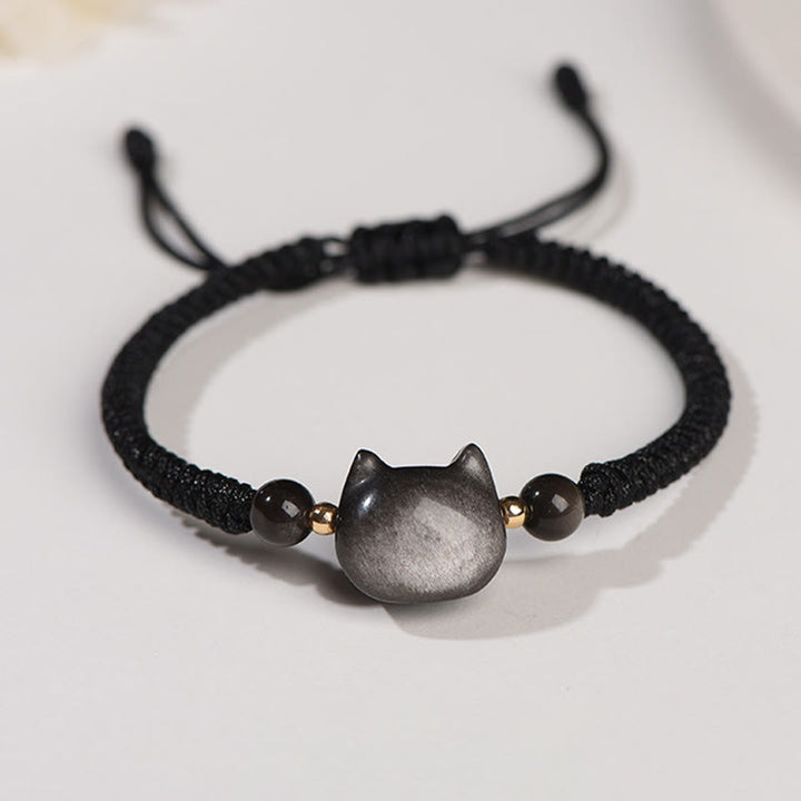 Buddha Stones Handmade Natural Silver Sheen Obsidian Strawberry Quartz Cute Cat Protection Braided Bracelet - Silver Sheen Obsidian(Communication♥Soothing) - Lovely Cat - image 6