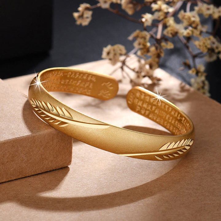 Buddha Stones Feather Heart Sutra Engraved Pattern Wealth Copper Cuff Bracelet Bangle - Gold Feather - image 1