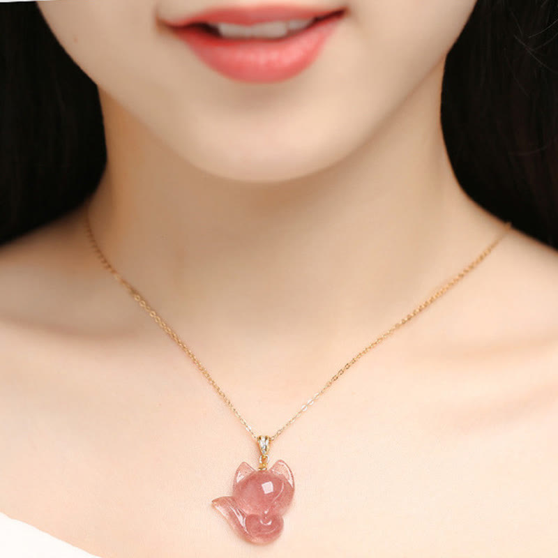 Buddha Stones 925 Sterling Silver Plated 14k Gold Strawberry Quartz Fox Healing Necklace Pendant - image 4