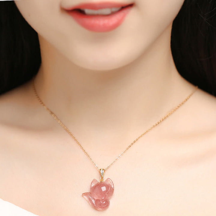 Buddha Stones 925 Sterling Silver Plated 14k Gold Strawberry Quartz Fox Healing Necklace Pendant - image 4