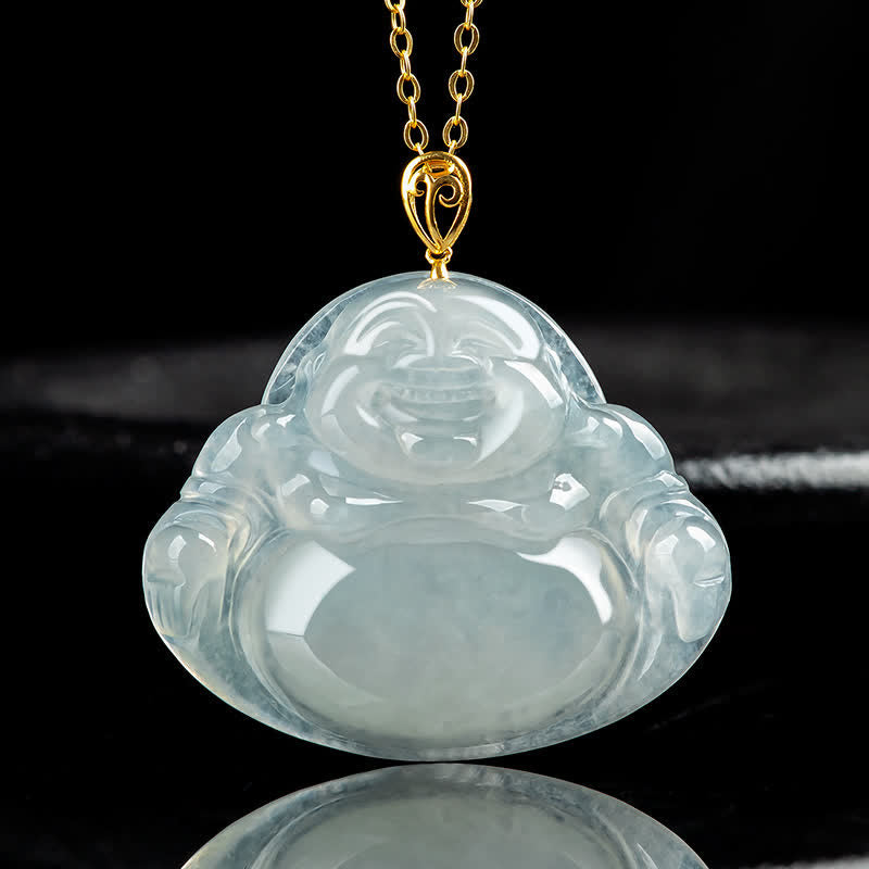 Buddha Stones Laughing Buddha Natural Jade 925 Sterling Silver Plated Gold Abundance Necklace Pendant - Jade - image 0