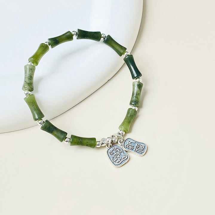 Buddha Stones 925 Sterling Silver Bamboo Jade Lucky Cat Fu Character Luck Abundance Bracelet - image 16