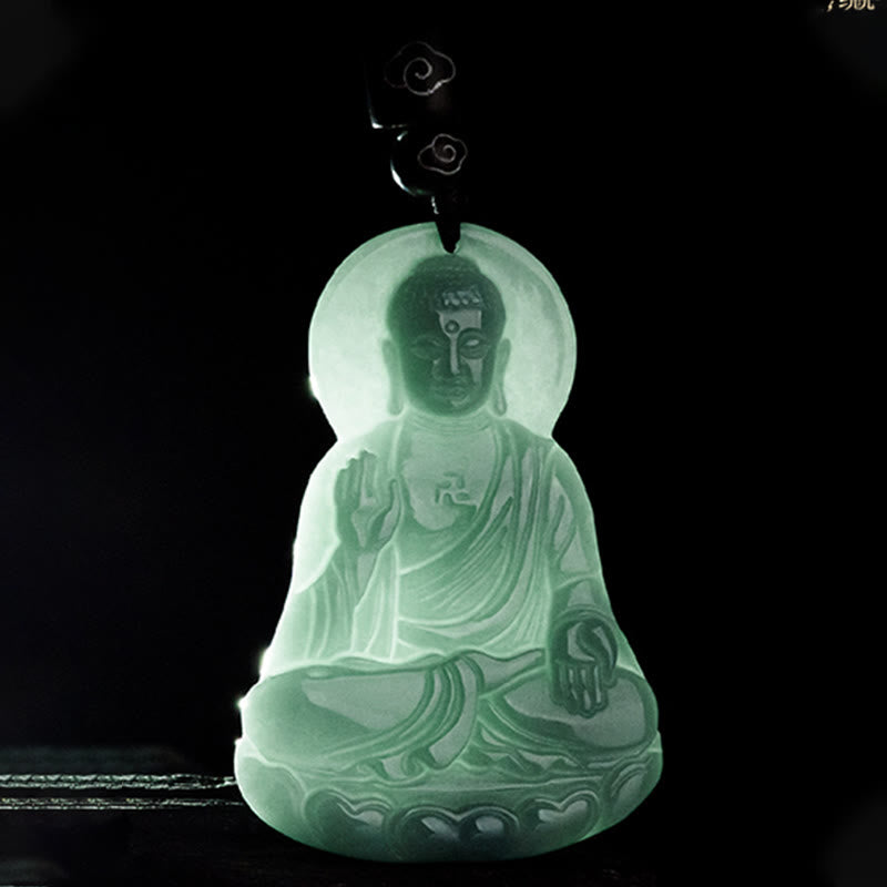 Buddha Stones Amitabha Buddha Natural Jade Lotus Amulet Compassion String Necklace Pendant - image 8