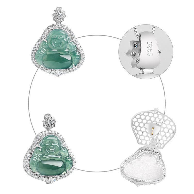 Buddha Stones 925 Sterling Silver Laughing Buddha Natural Jade Luck Abundance Chain Necklace Pendant - image 6