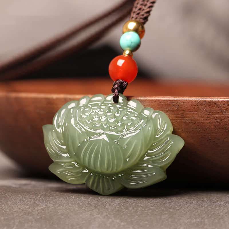 Buddha Stones Hetian Cyan Jade Lotus Flower Success Necklace Pendant - image 2