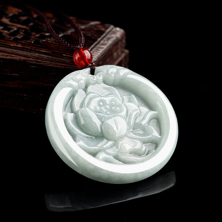 Buddha Stones Natural Jade Lotus Flower Carved Prosperity Necklace Pendant - image 3