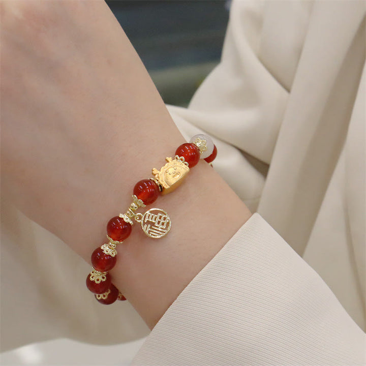 Buddha Stones Year Of The Dragon Red Agate Strawberry Quartz Black Obsidian Jade Garnet Pearl Cinnabar Dumpling Dragon Luck Fu Character Bracelet - image 3