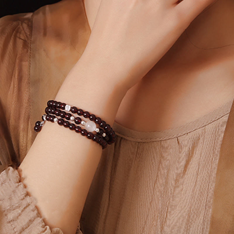 Buddha Stones 925 Sterling Silver Natural Garnet Cat Eye Protection Triple Wrap Bracelet - image 10