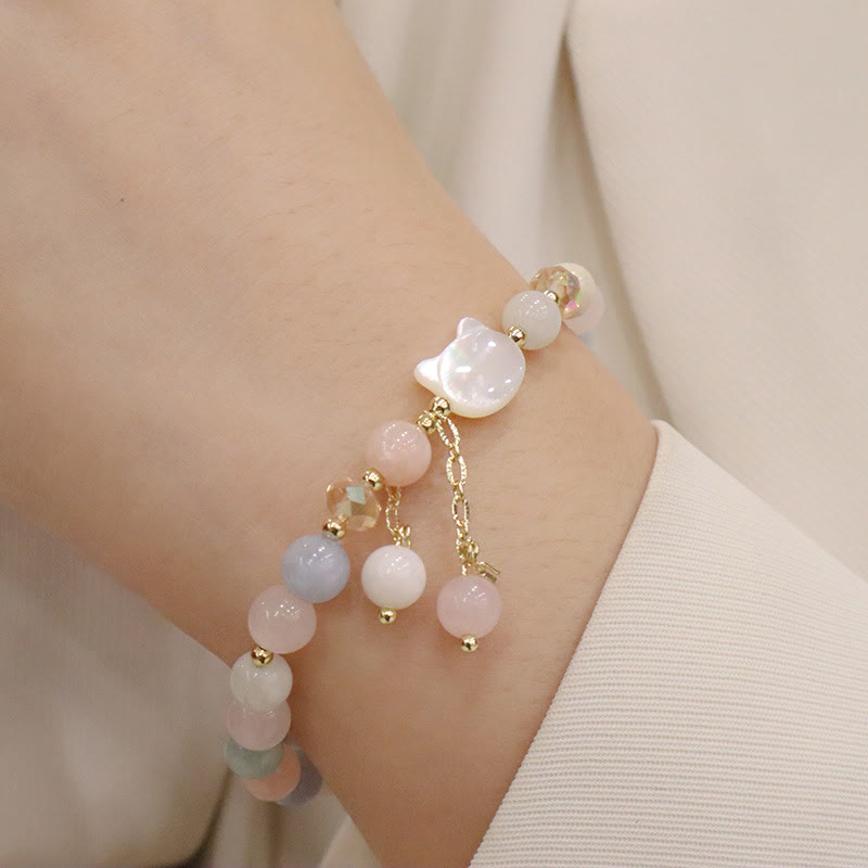 Buddha Stones Natural Strawberry Quartz Morganite Tridacna Stone Cat Love Bracelet - Morganite Tridacna Stone Cat(Wrist Circumference 12-14cm) - image 4