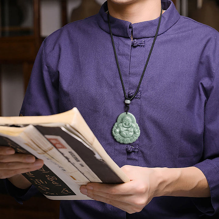 Buddha Stones Laughing Buddha Natural Jade Copper Coin Abundance Necklace Pendant - image 5