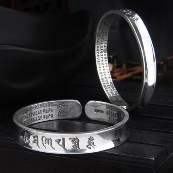 Buddha Stones 999 Sterling Silver Om Mani Padme Hum Heart Sutra Love Peace Bracelet Bangle - image 6