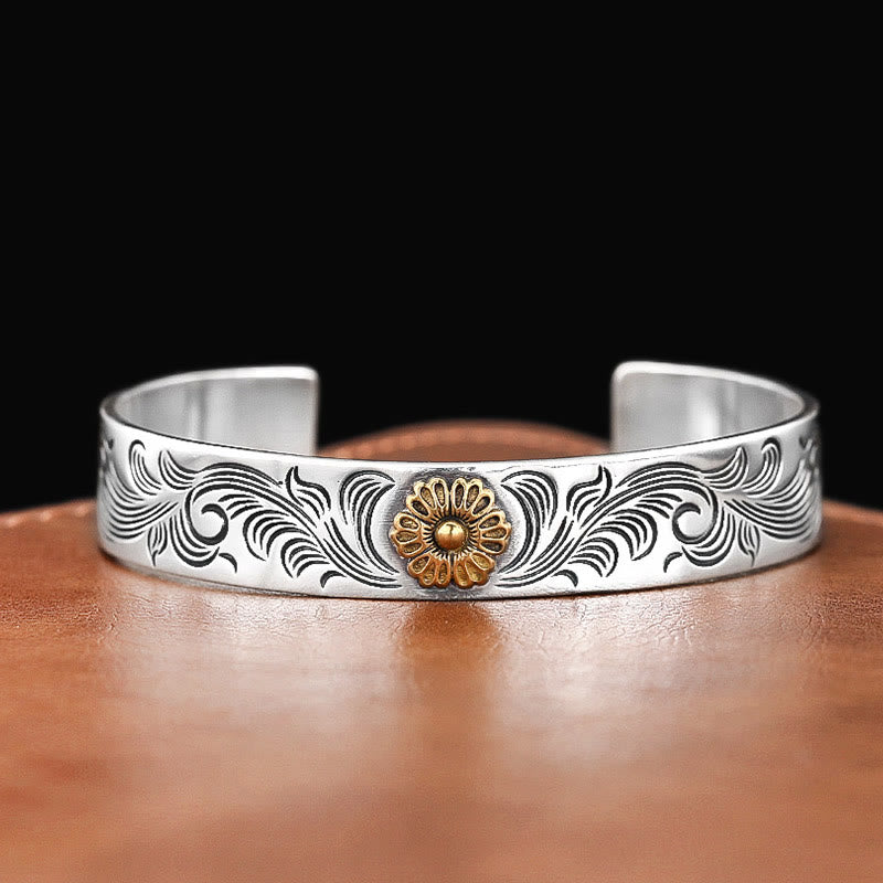 Buddha Stones Tang Dynasty Flower Design Rose Flower Feather Carved Copper Luck Bracelet Bangle - image 3