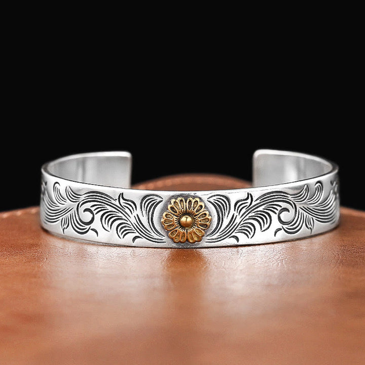 Buddha Stones Tang Dynasty Flower Design Rose Flower Feather Carved Copper Luck Bracelet Bangle - image 3