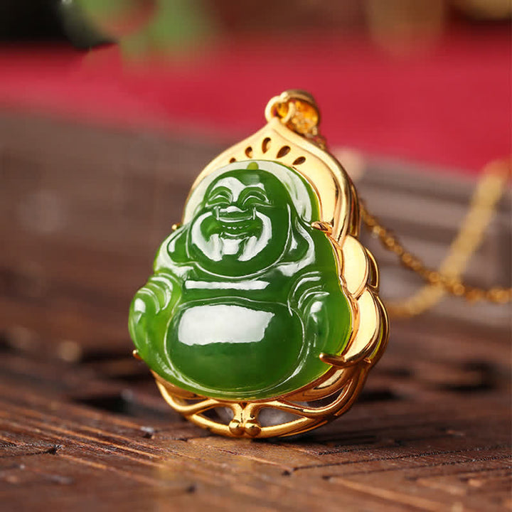 925 Sterling Silver Natural Hetian Cyan Jade Laughing Buddha 18K Gold Healing Necklace Chain Pendant - image 6