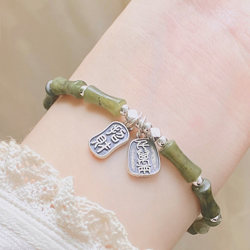Buddha Stones 925 Sterling Silver Bamboo Jade Lucky Cat Fu Character Luck Abundance Bracelet - image 10