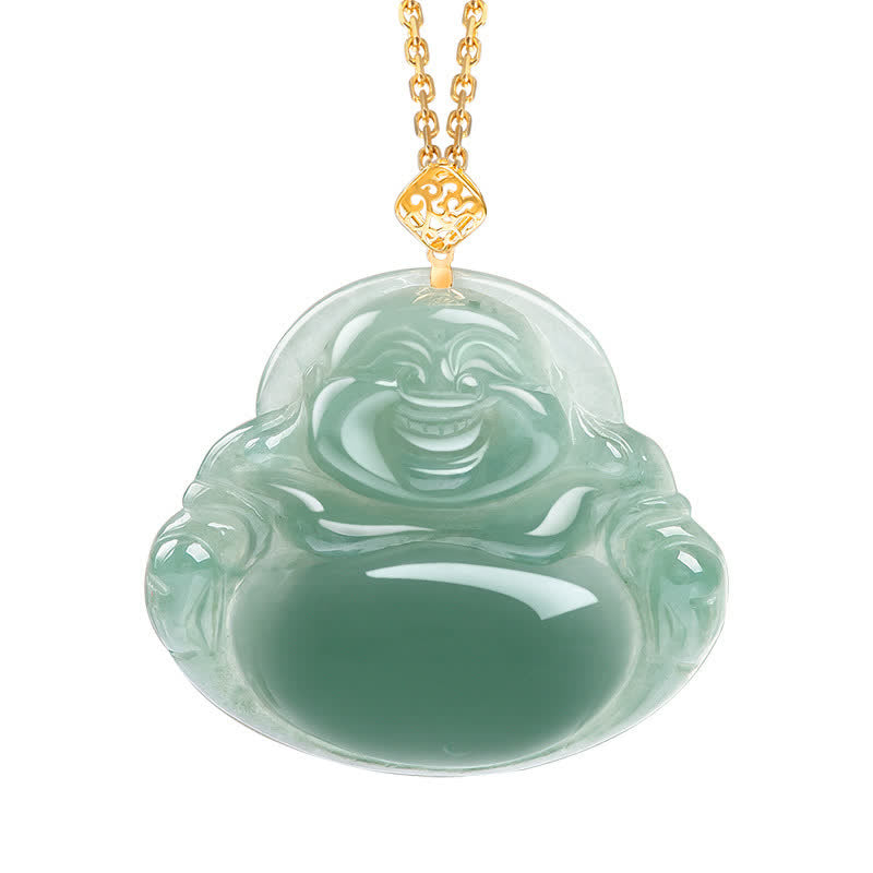 Laughing Buddha Natural Jade Prosperity Abundance Necklace Pendant - Gold - image 3