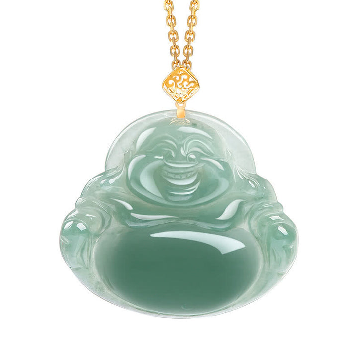 Laughing Buddha Natural Jade Prosperity Abundance Necklace Pendant - Gold - image 3