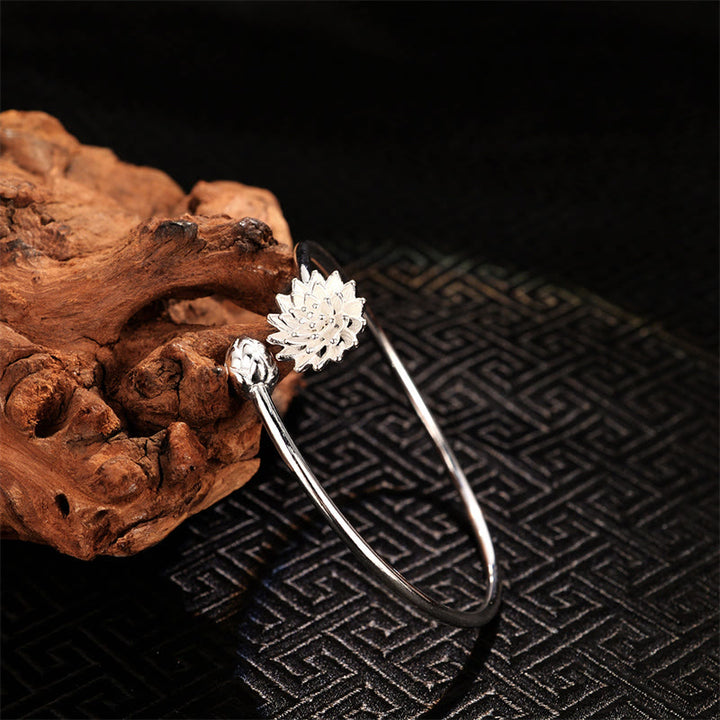 Buddha Stones Retro Lotus White Copper Enlightenment Bracelet Bangle - Silver Lotus - image 4