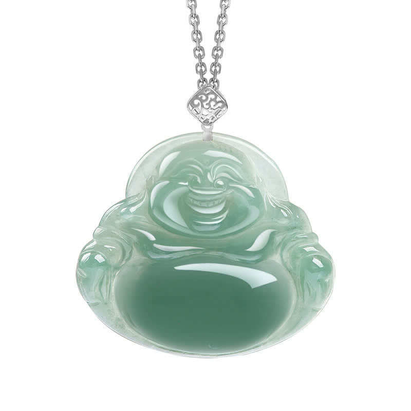 Laughing Buddha Natural Jade Prosperity Abundance Necklace Pendant - Silver - image 5