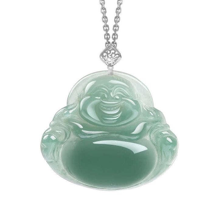 Laughing Buddha Natural Jade Prosperity Abundance Necklace Pendant - Silver - image 5