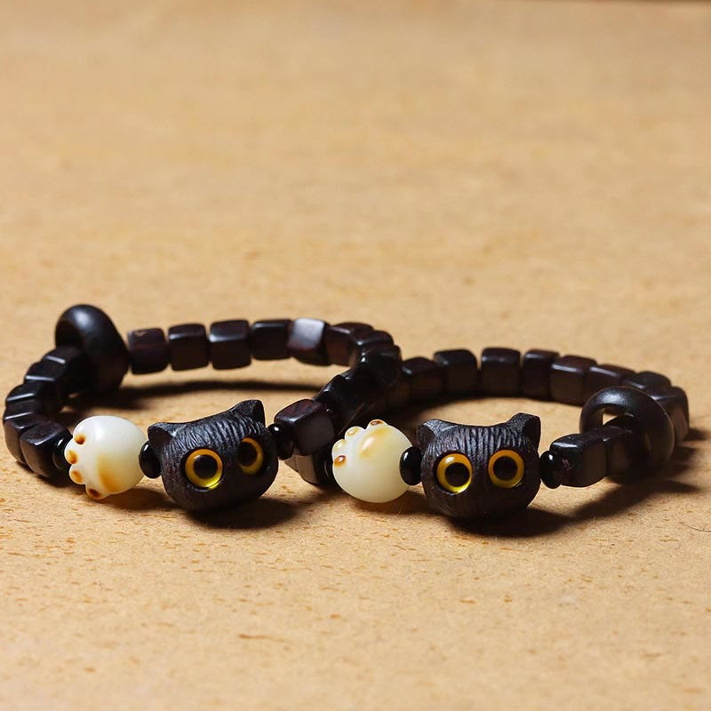 Buddha Stones Ebony Wood Cute Cat Bodhi Seed Paw Claw Square Beads Calm Bracelet - image 4