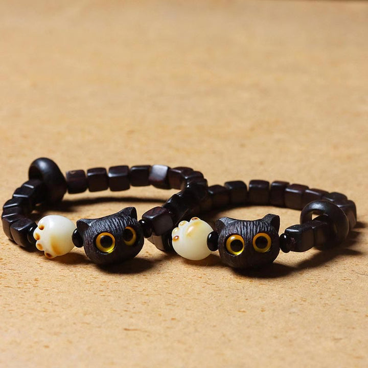 Buddha Stones Ebony Wood Cute Cat Bodhi Seed Paw Claw Square Beads Calm Bracelet - image 4
