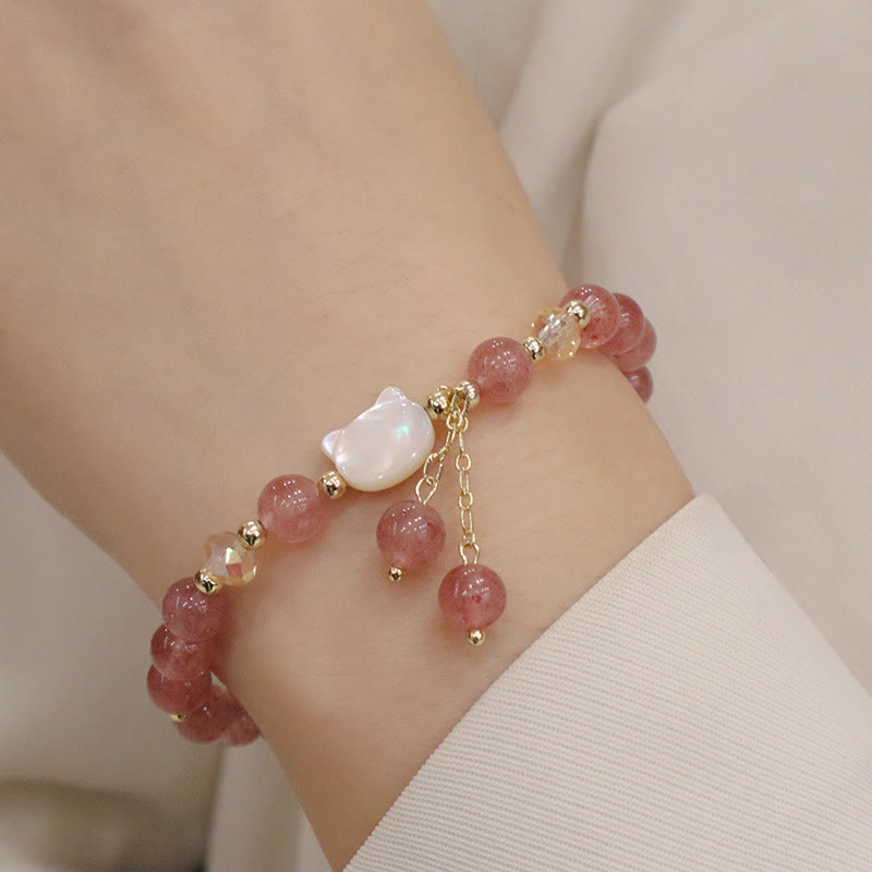 Buddha Stones Natural Strawberry Quartz Morganite Tridacna Stone Cat Love Bracelet - Strawberry Quartz Tridacna Stone Cat(Wrist Circumference 12-14cm) - image 1