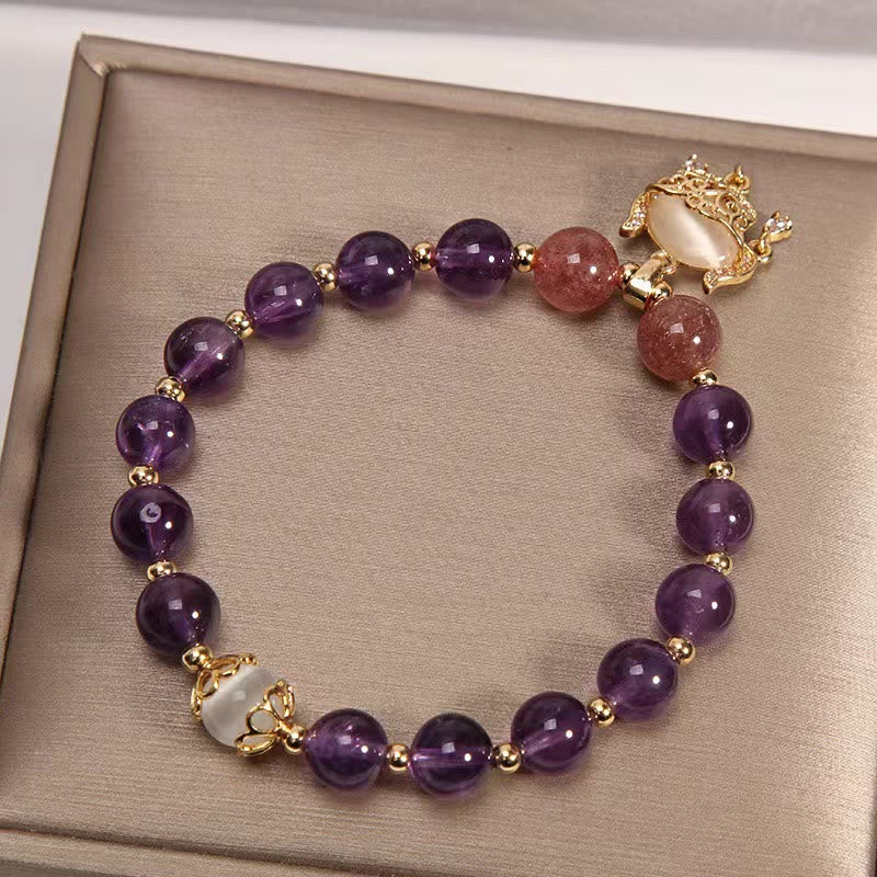 Buddha Stones Natural Amethyst Strawberry Quartz Cat Eye Chinese Lock Charm Healing Bracelet - image 2
