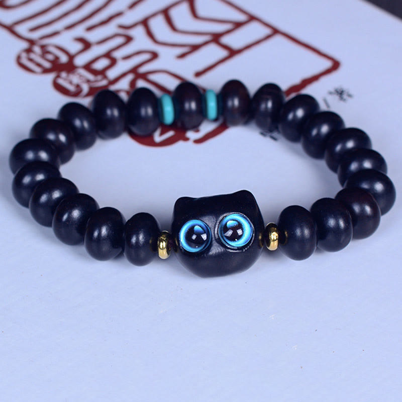 Buddha Stones Ebony Wood Liuli Glass Lovely Cat Peace Balance Bracelet - image 2
