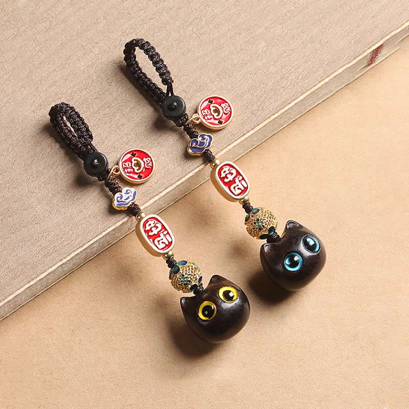 Buddha Stones Ebony Wood Lucky Cat Auspicious Cloud Peace Key Chain Phone Hanging Decoration - image 17