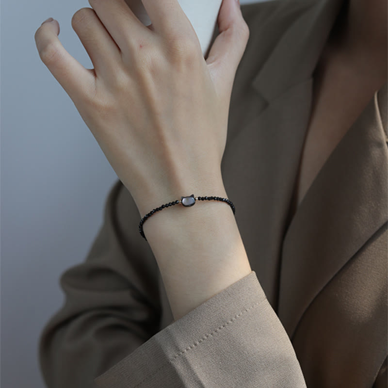 Buddha Stones 14K Gold Plated Black Spinel White Crystal Cute Cat Tridacna Stone Healing Bracelet - image 7