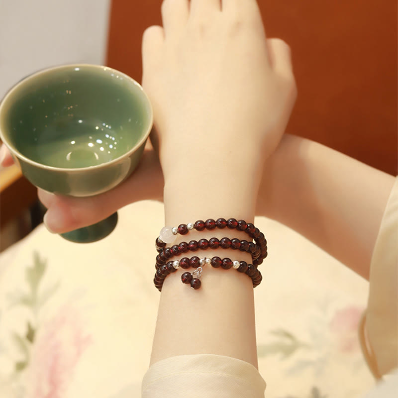Buddha Stones 925 Sterling Silver Natural Garnet Cat Eye Protection Triple Wrap Bracelet - image 3