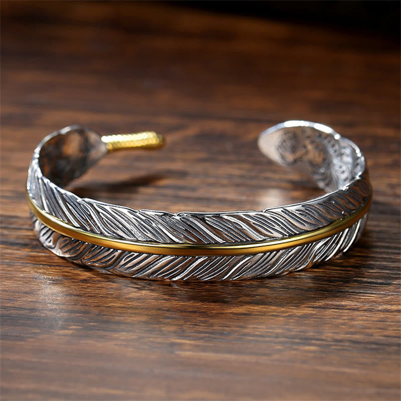 Buddha Stones Feather Pattern Carved Luck Wealth Cuff Bracelet Bangle - image 3