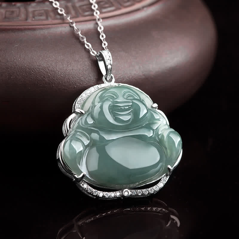 Buddha Stones 925 Sterling Silver Laughing Buddha Natural Jade Luck Necklace Chain Pendant - image 2