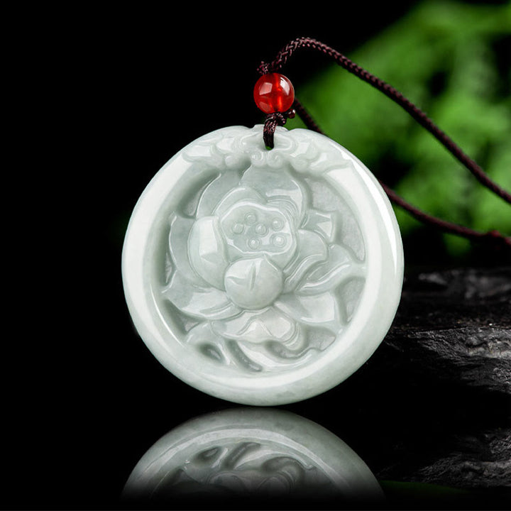 Buddha Stones Natural Jade Lotus Flower Carved Prosperity Necklace Pendant - image 2