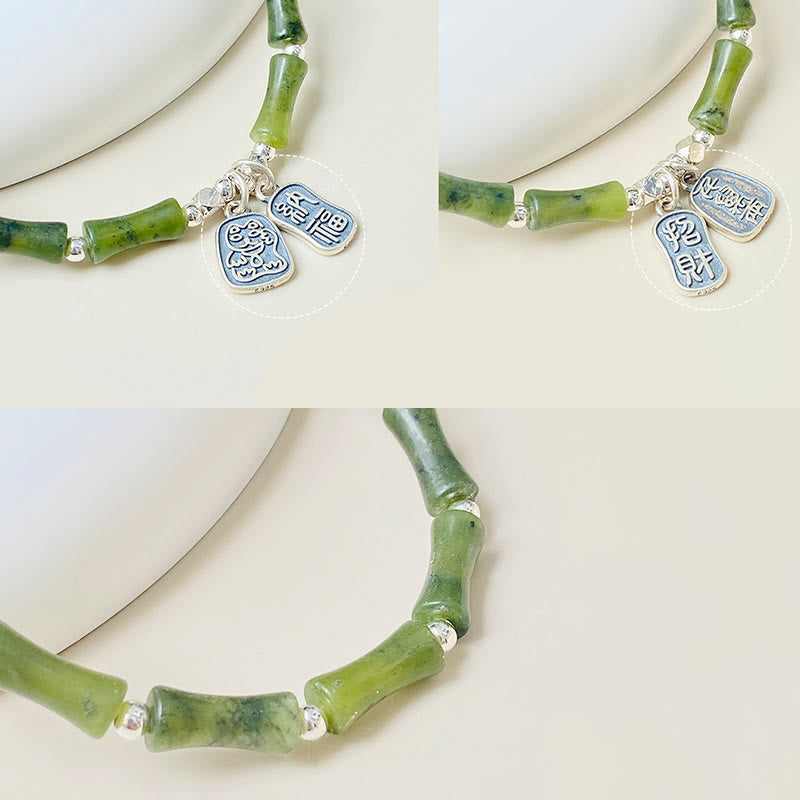 Buddha Stones 925 Sterling Silver Bamboo Jade Lucky Cat Fu Character Luck Abundance Bracelet - image 17