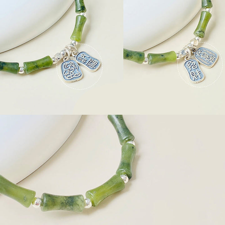Buddha Stones 925 Sterling Silver Bamboo Jade Lucky Cat Fu Character Luck Abundance Bracelet - image 17