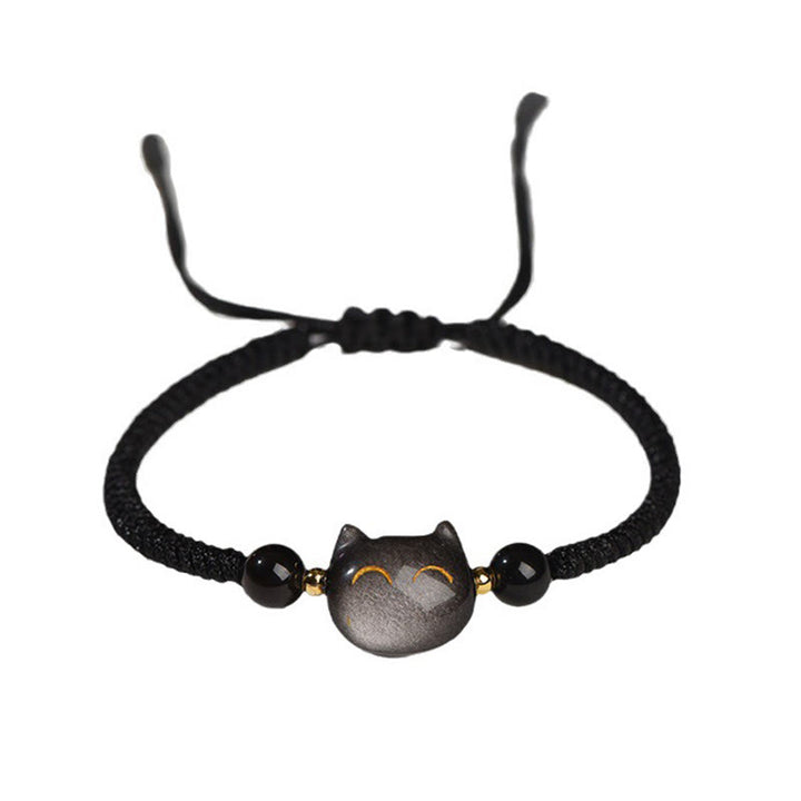 Buddha Stones Handmade Natural Silver Sheen Obsidian Strawberry Quartz Cute Cat Protection Braided Bracelet - image 5