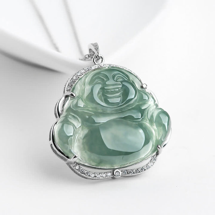 Buddha Stones 925 Sterling Silver Laughing Buddha Natural Jade Luck Necklace Chain Pendant - Jade - image 1