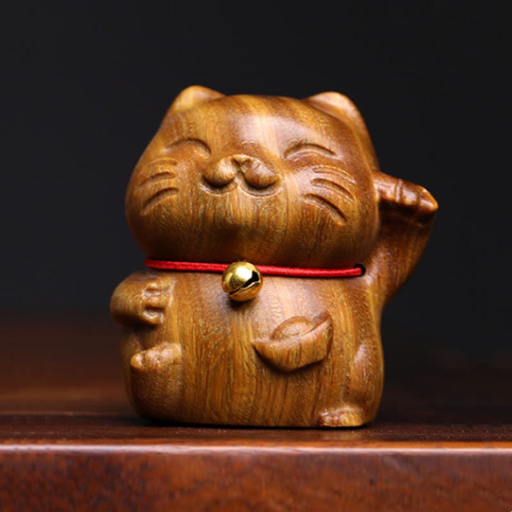 Buddha Stones Green Sandalwood Small Mini Cute Lucky Cat Peace Decorations - Green Sandalwood 4.5*5cm - image 1