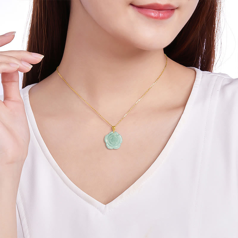 Buddha Stones 18K Gold Buckle 925 Sterling Silver Chain Natural Jade Rose Luck Necklace Pendant - image 7