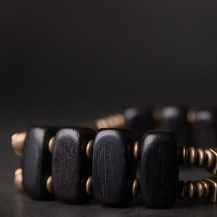 Buddha Stones Tibetan Ebony Wood Brass Copper Balance Double Layer Bracelet - image 5
