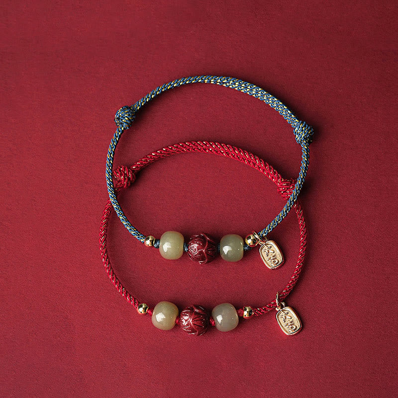 Buddha Stones 14K Gold Plated Hetian Jade Cinnabar Lotus Luck Handcrafted Rope Bracelet - image 2
