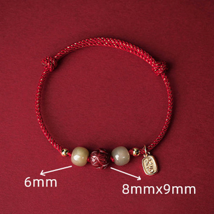 Buddha Stones 14K Gold Plated Hetian Jade Cinnabar Lotus Luck Handcrafted Rope Bracelet - image 4
