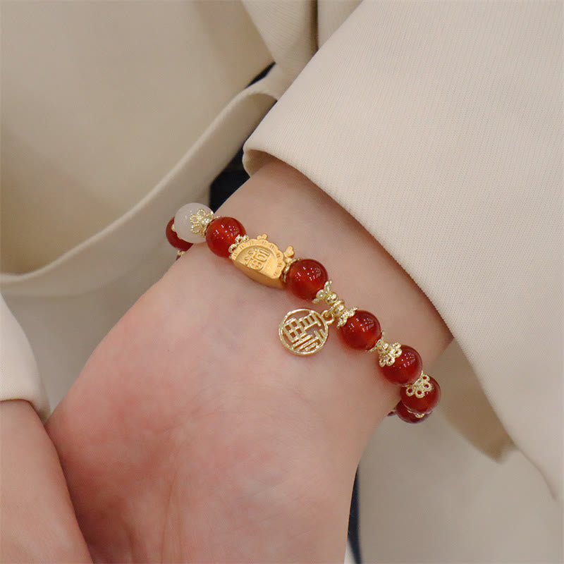 Buddha Stones Year Of The Dragon Red Agate Strawberry Quartz Black Obsidian Jade Garnet Pearl Cinnabar Dumpling Dragon Luck Fu Character Bracelet - image 5