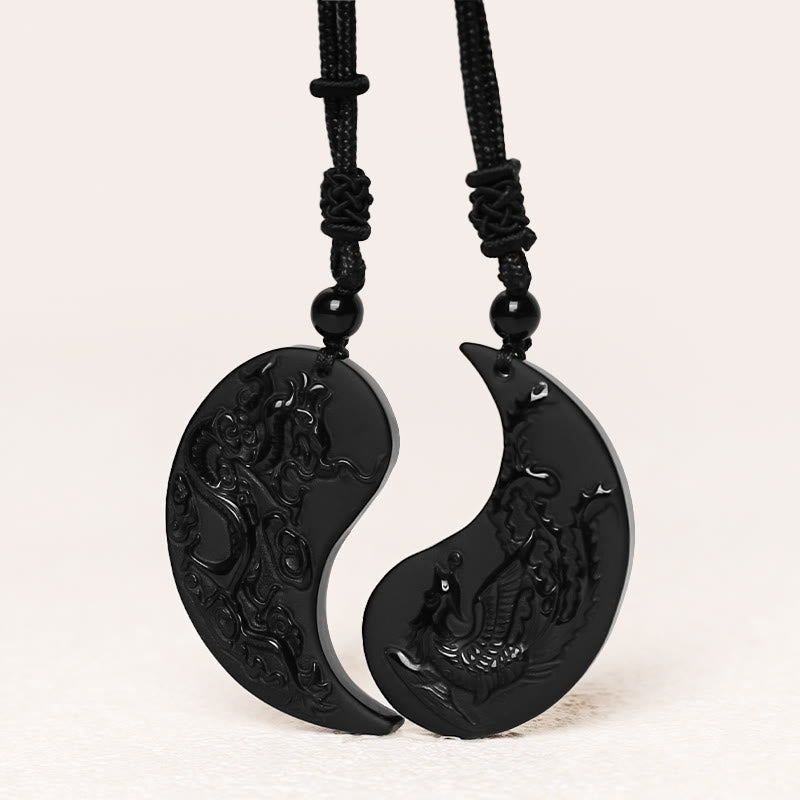 Buddha Stones Black Obsidian Yin Yang Dragon Phoenix Luck Necklace Pendant - image 2
