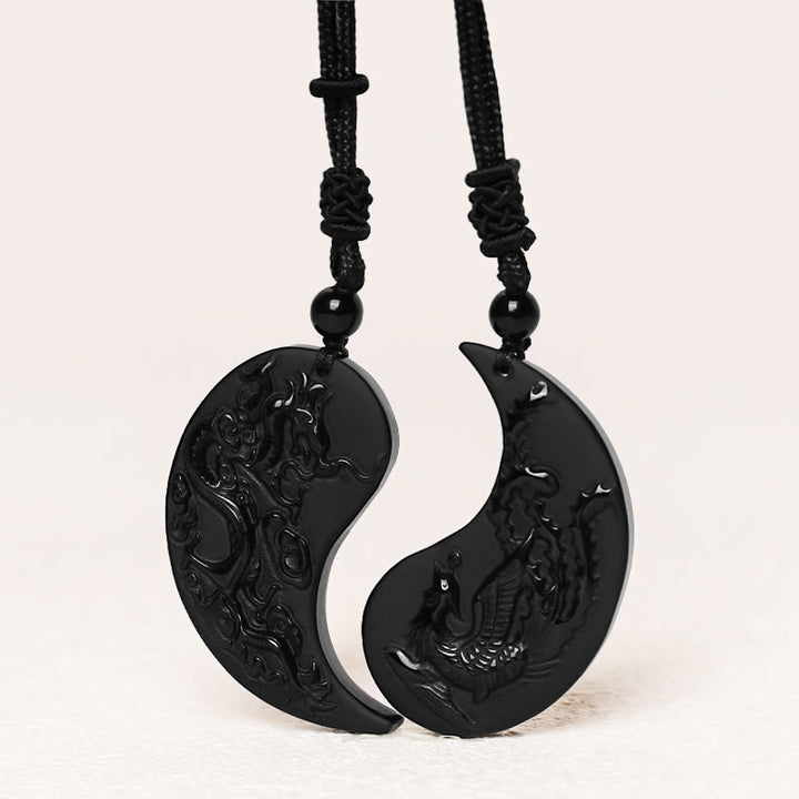 Buddha Stones Black Obsidian Yin Yang Dragon Phoenix Luck Necklace Pendant - image 2